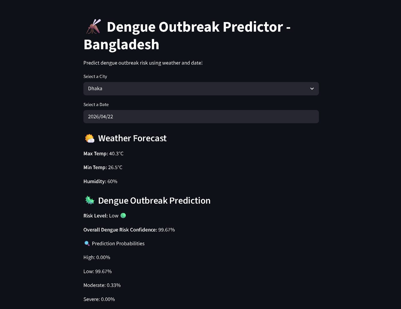Dengue Outbreak Predictor app screenshot